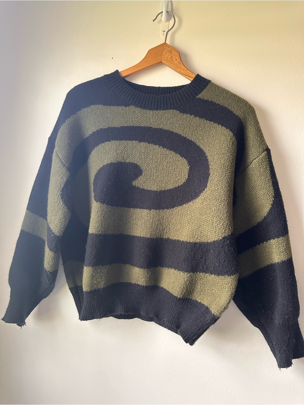 SHEIN Olive Green and Black Swirl Crew Neck Sweater